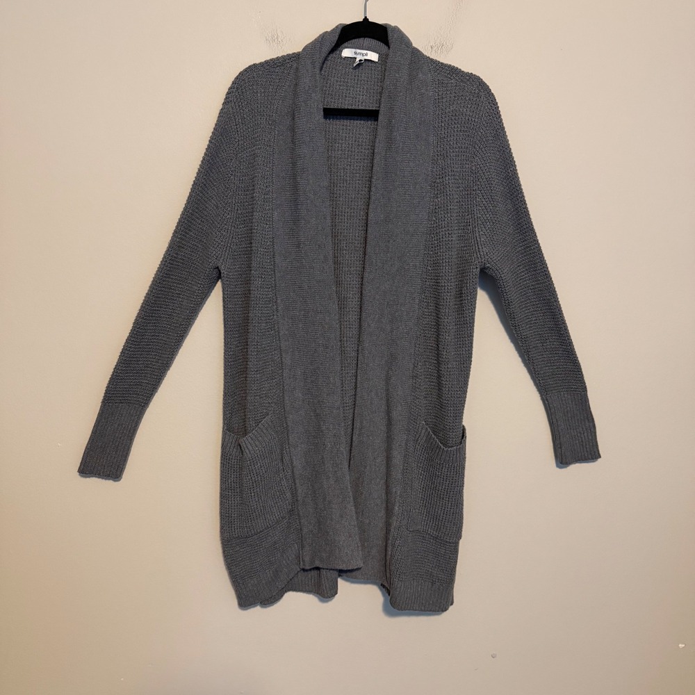 Sympli L Gray Merino Wool Cotton Long Open Front Cardigan Pockets minimalist